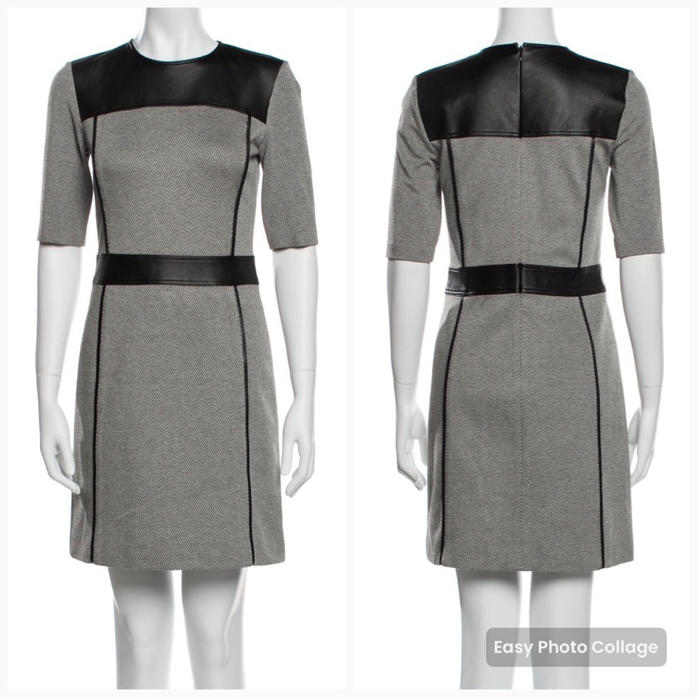 Theory Calvino Lambskin Leather Trimmed Sheath Mini Dress Black/Grey Size: 4